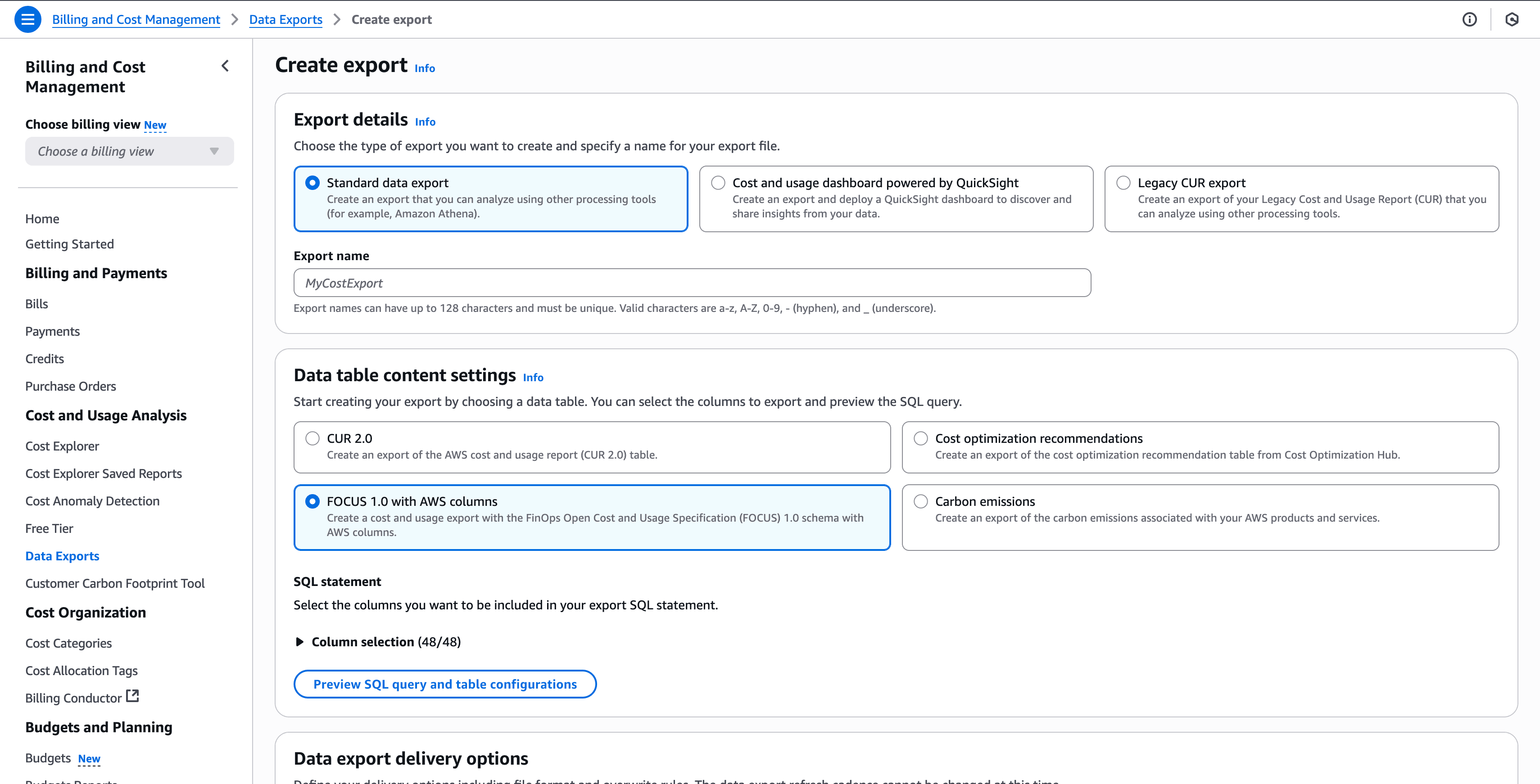 AWS Create Export Interface