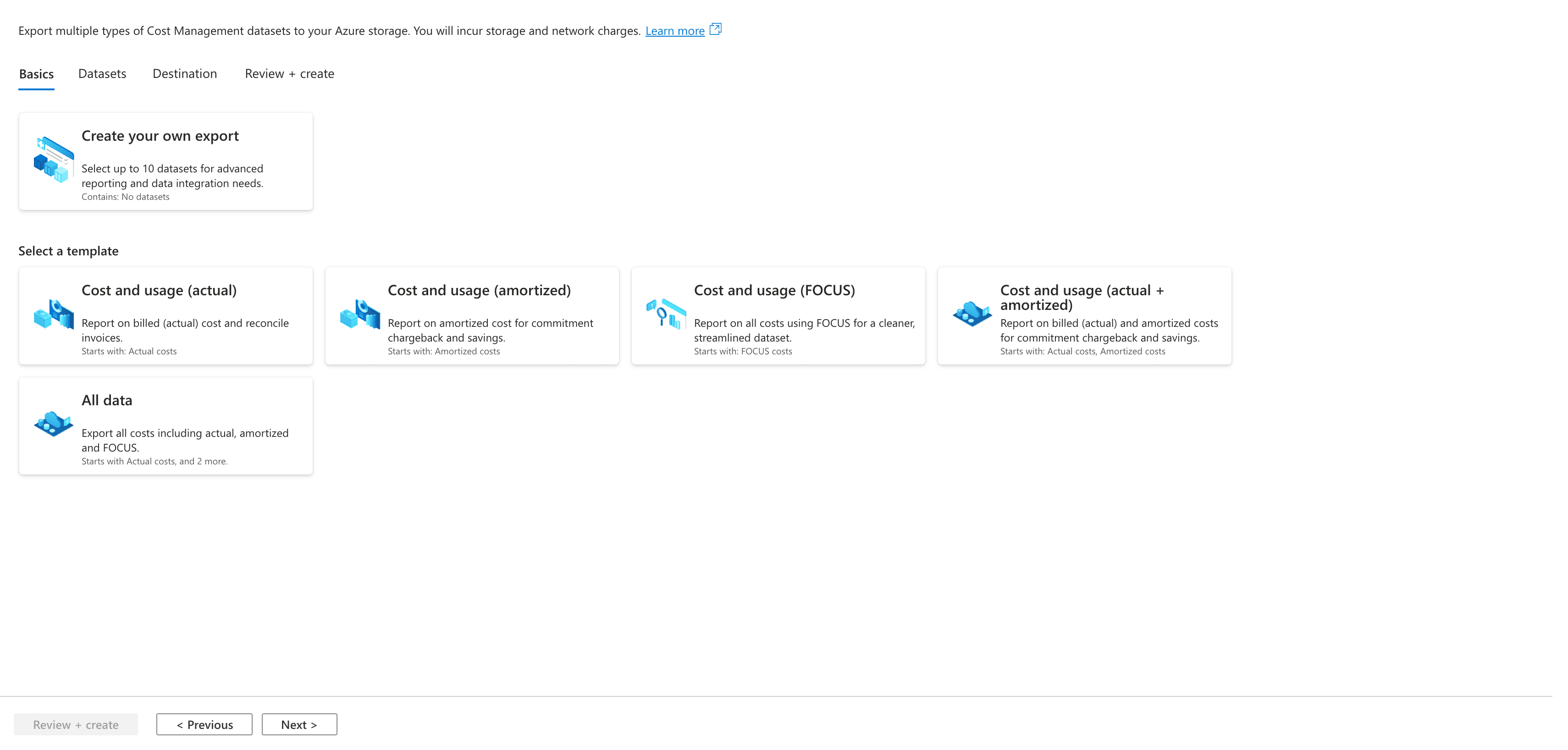 Azure Export Template Selection