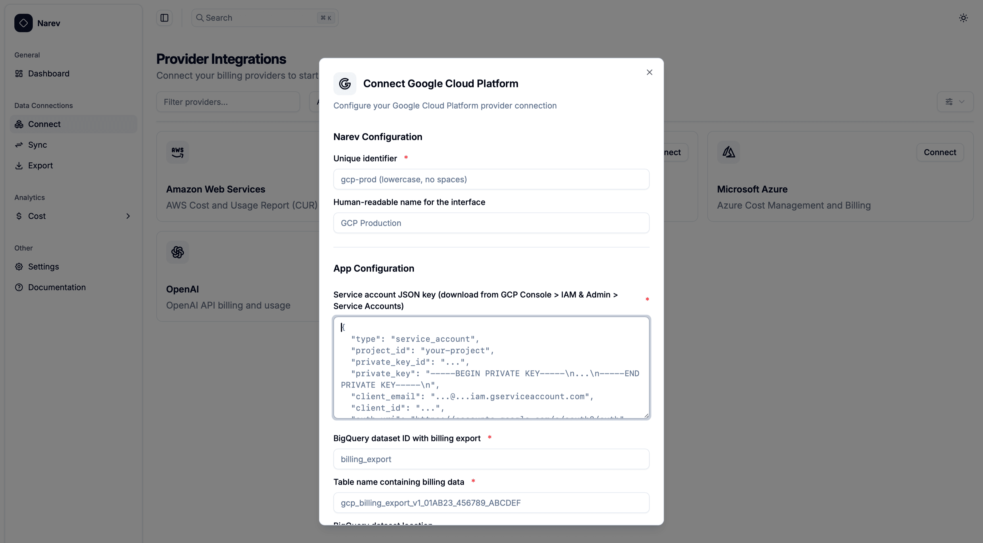 NarevAI GCP Provider Dialog