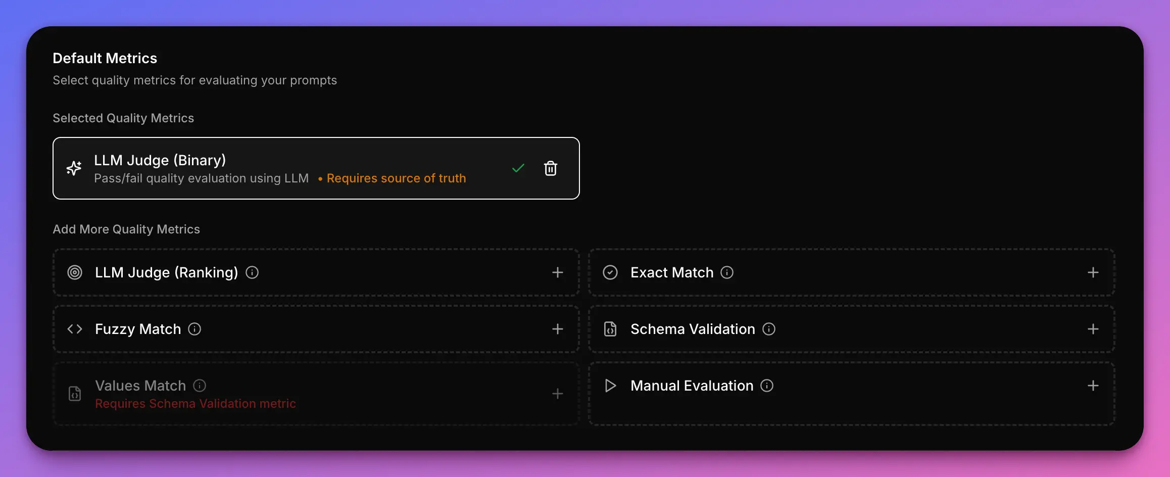 Screen capture of the UI allowing selection of the metric quality metric