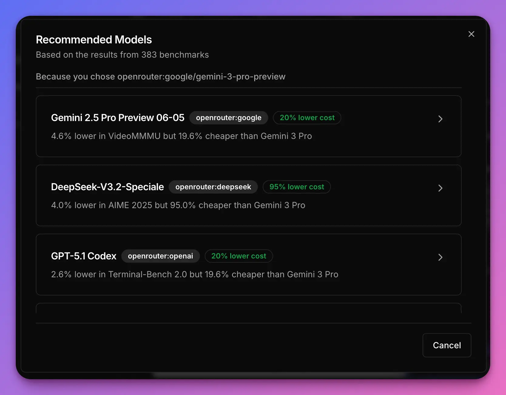 Recommended models for testing