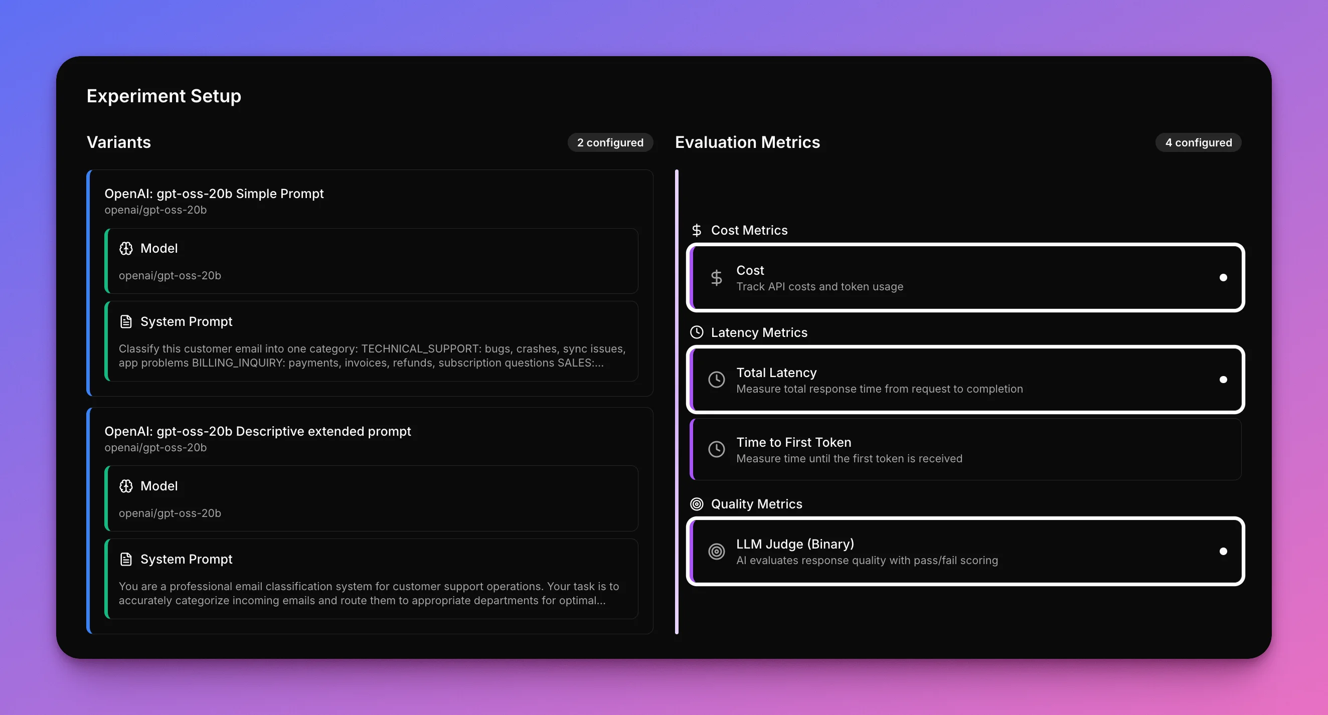 Prompt experiment setup showing side-by-side comparison