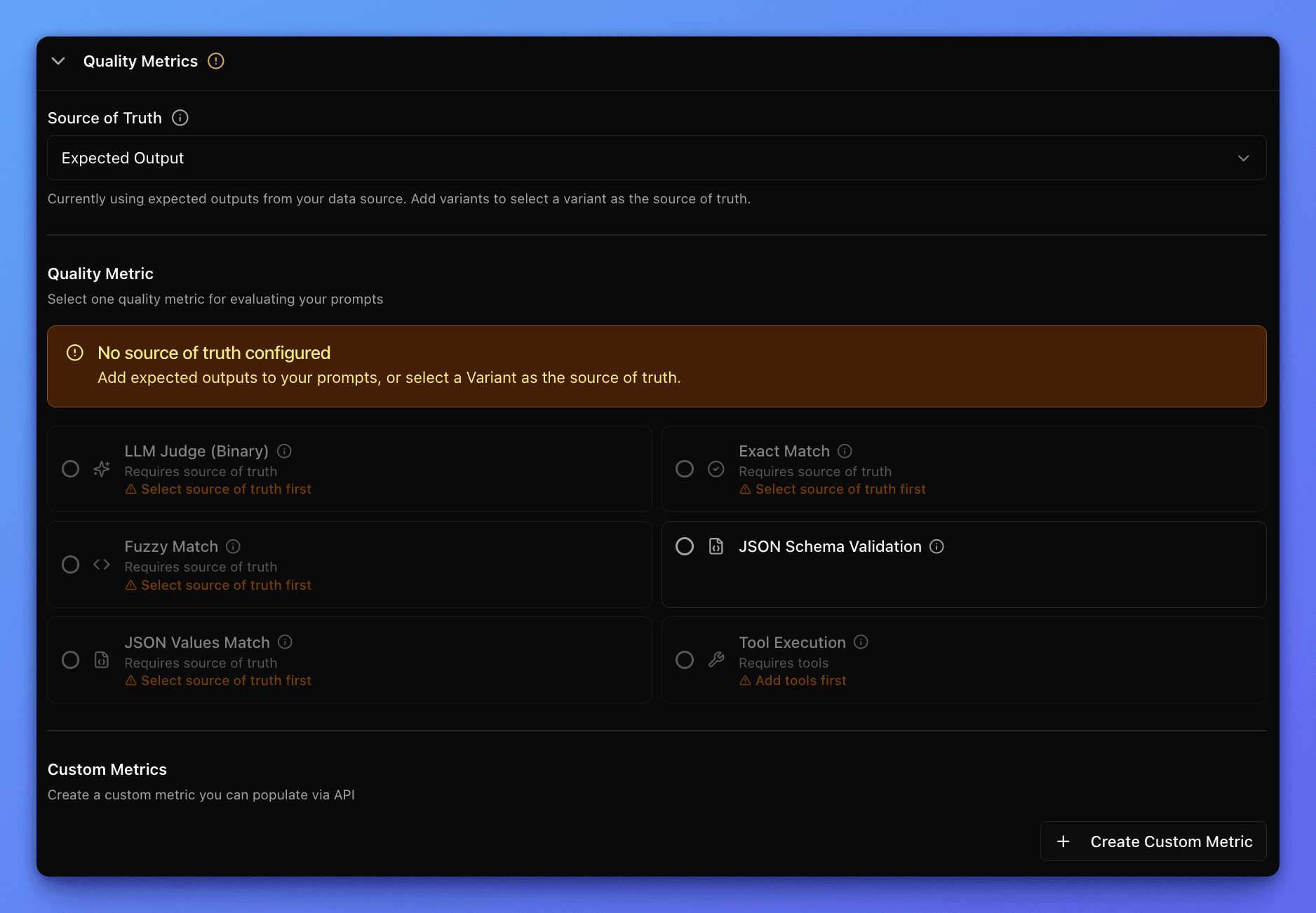 Narev platform quality metrics definition with annotated actions