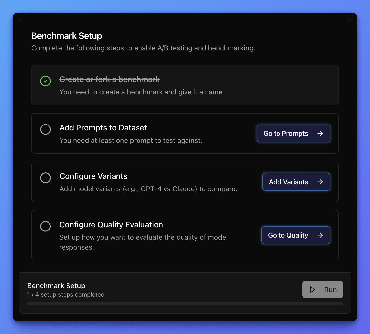 Narev Platform view with the Benchmark checklist