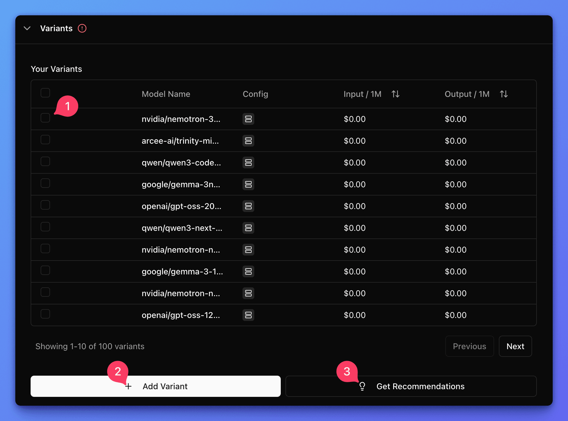 Narev platform variant selection with annotated actions
