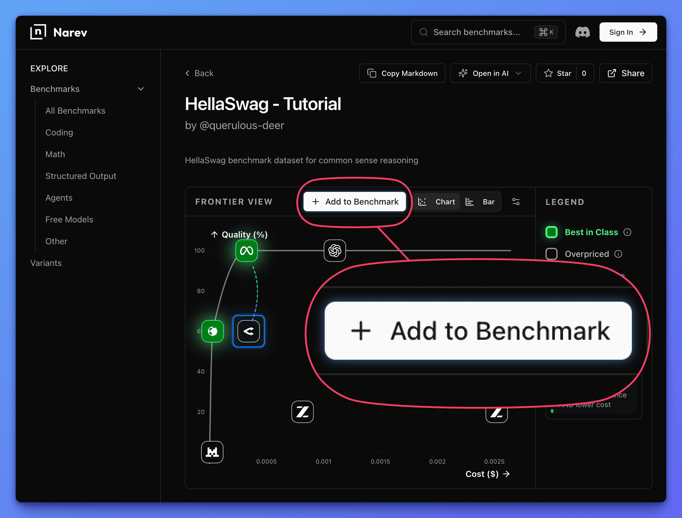 View of the Narev Benchmark Hub with Add to Benchmark button highlighted