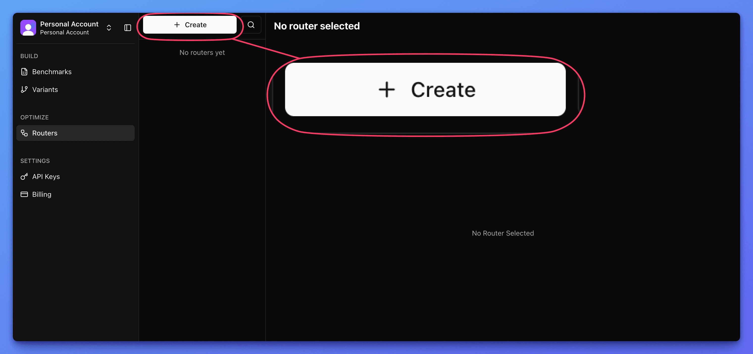 Narev platform with router view and Create button magnified