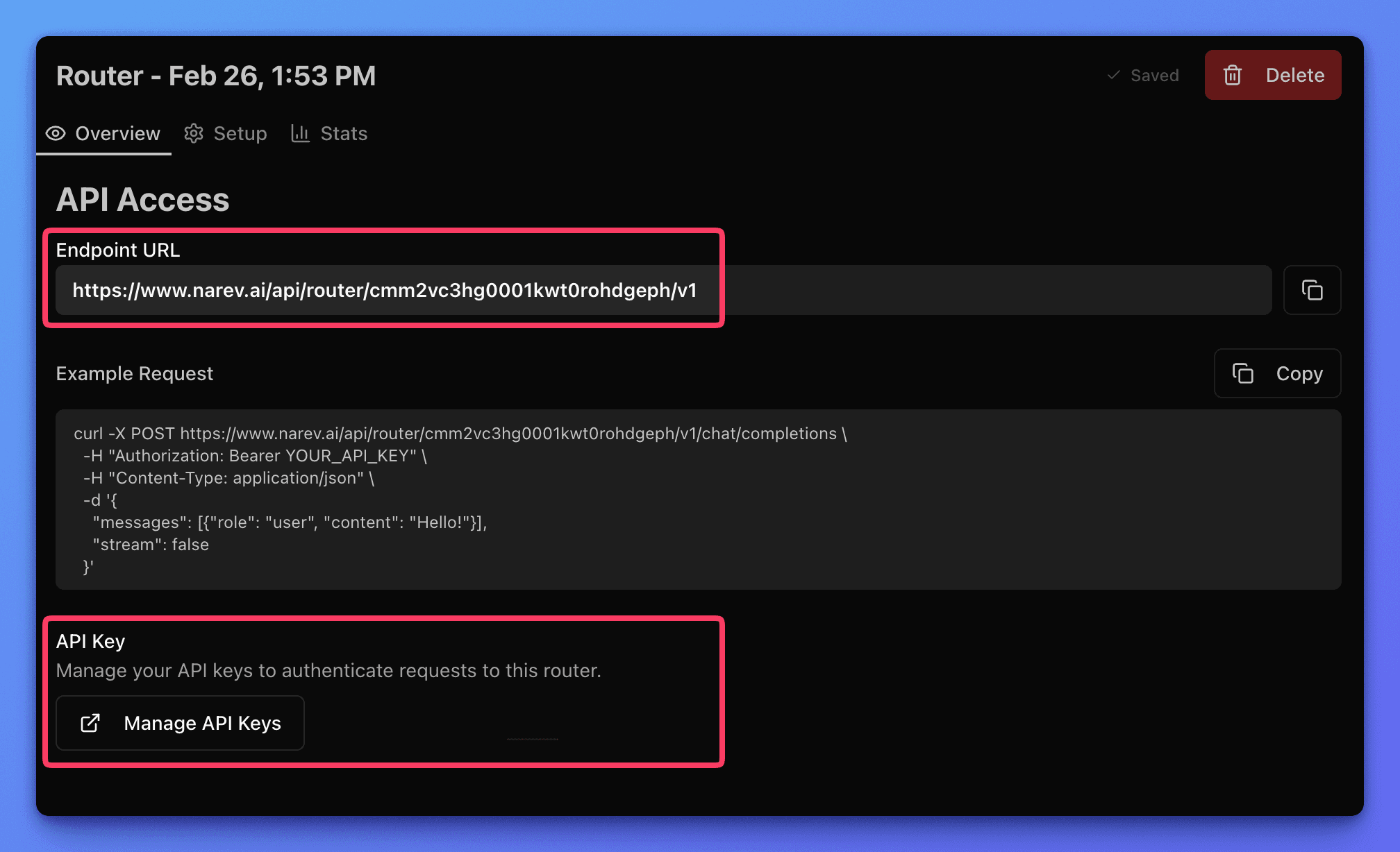 Narev router overview annotated highlighting the router URL and the API key management