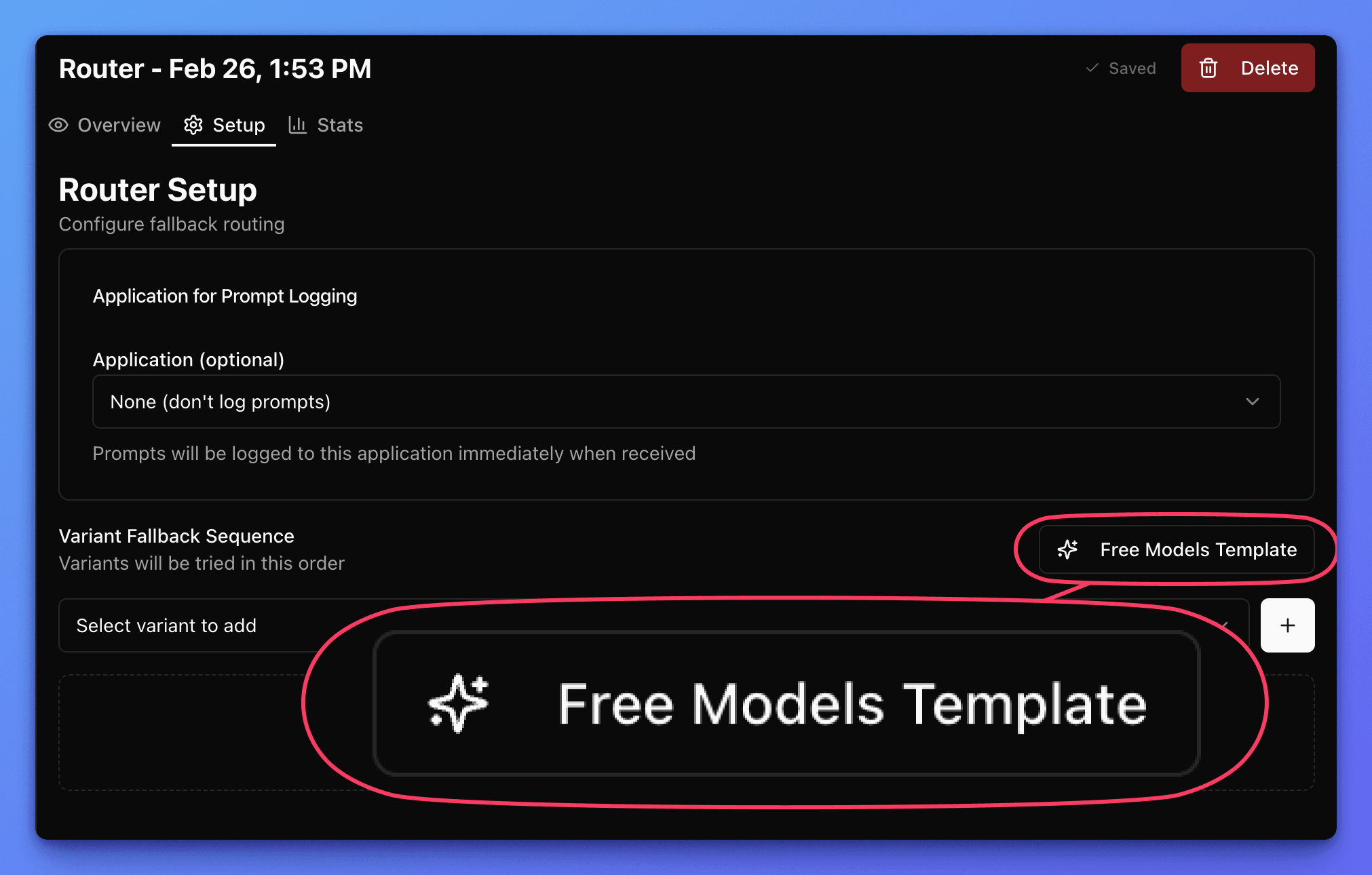 Narev router setup page with Free Model template annotated