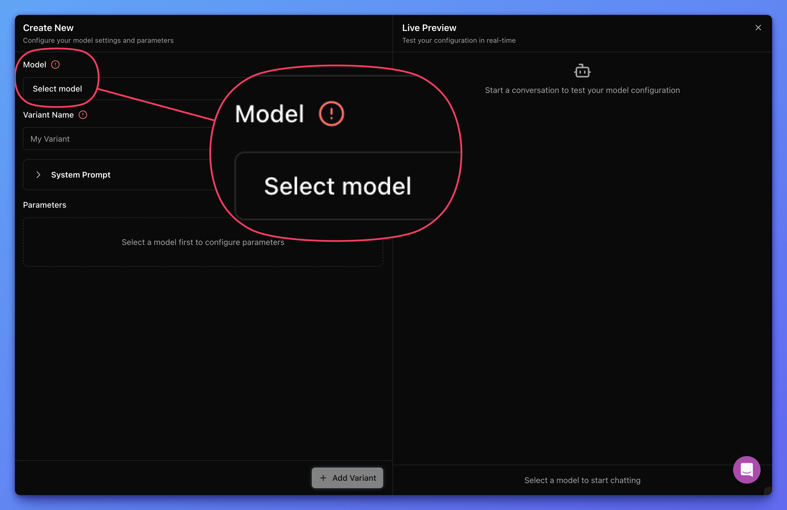 Narev platfrom Variant create sheet
