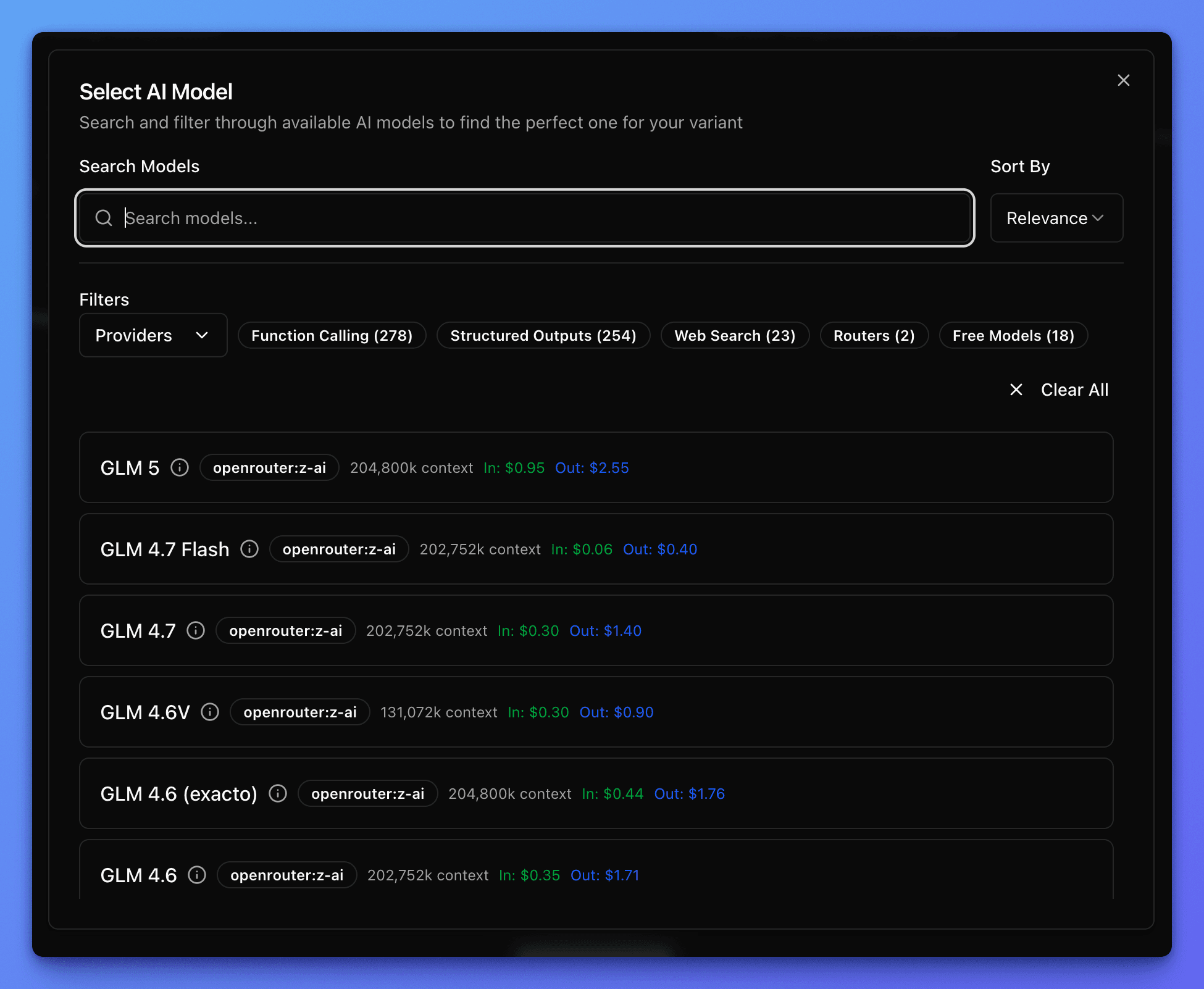 Narev platform Variant search dialog annotated
